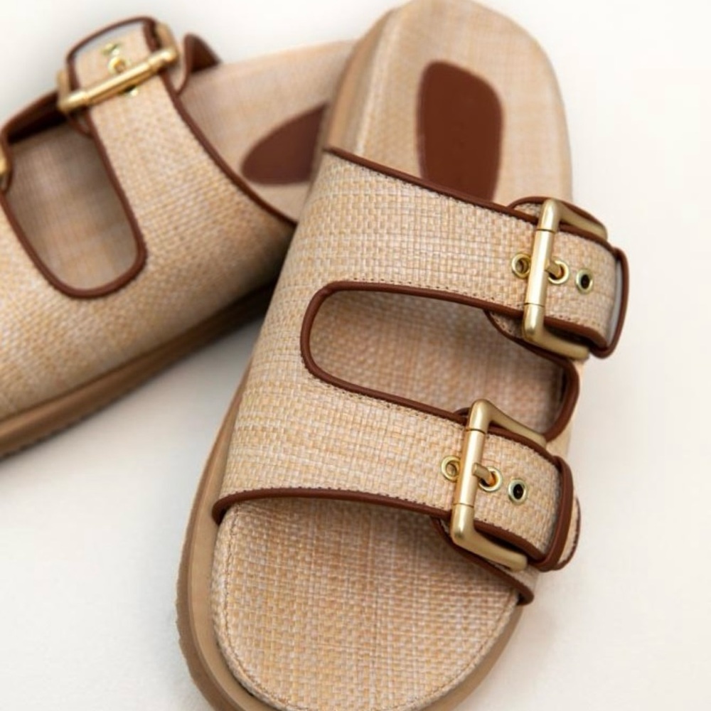 J. Crew Raffia Tan and Gold Buckle Sandals